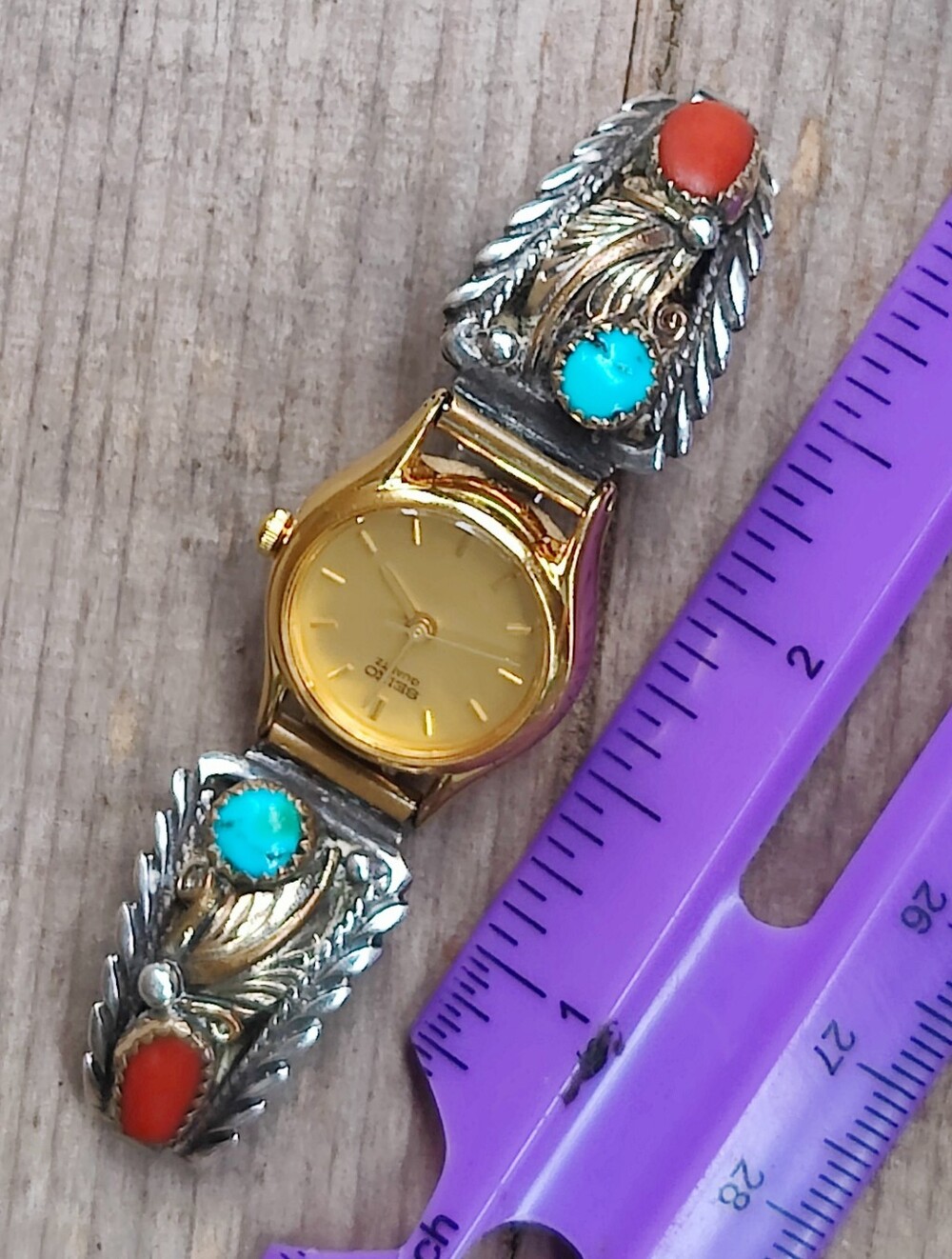 Vintage Sterling Silver Navajo Turquoise And Coral Watch - Picture 6 of 6
